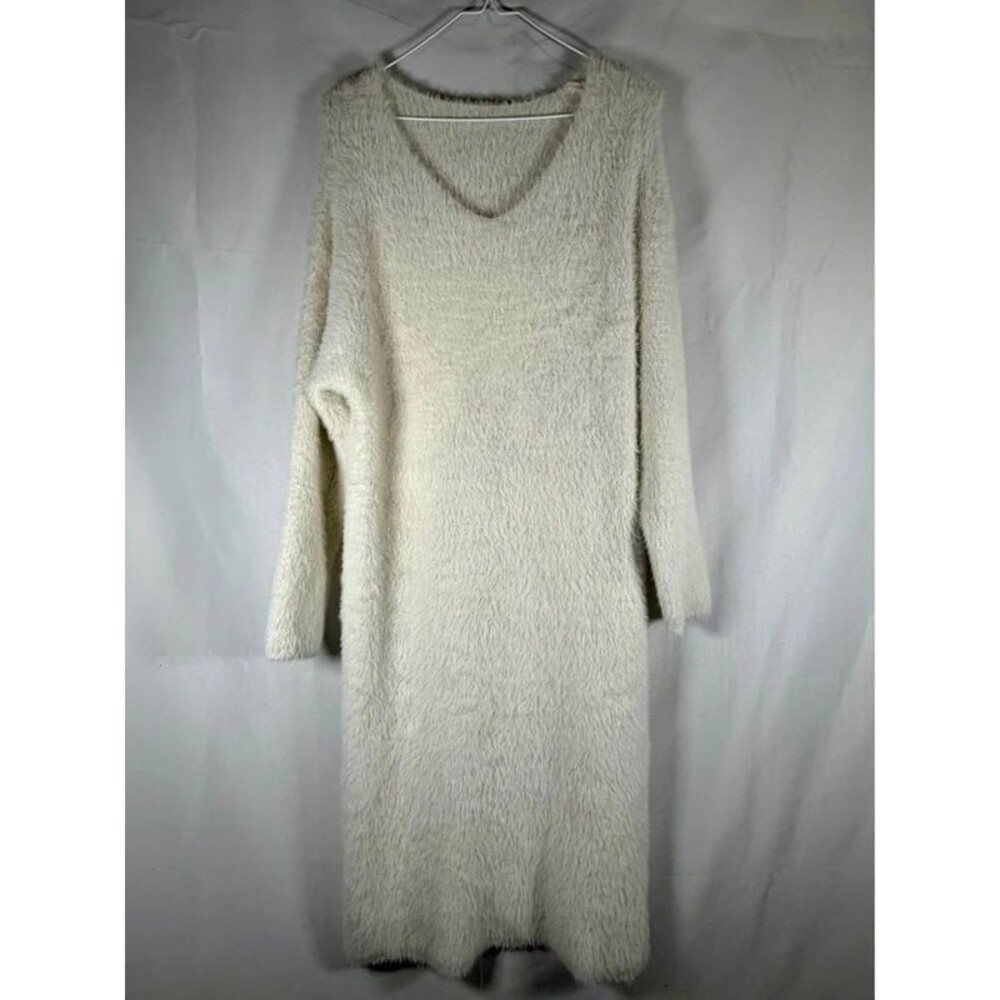 Winter White Fuzzy Eyelash Knit Sweater Dress | Cozy Long Sleeve | Medium
